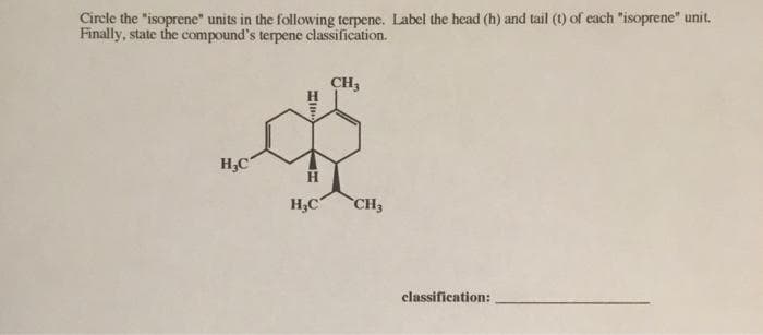 Circle the "isoprene" units in the following terpene. Label the head (h) and tail (1) of each "isoprene" unit.
Finally, state the compound's terpene classification.
CH3
H,C
H,C
CH3
classification:
