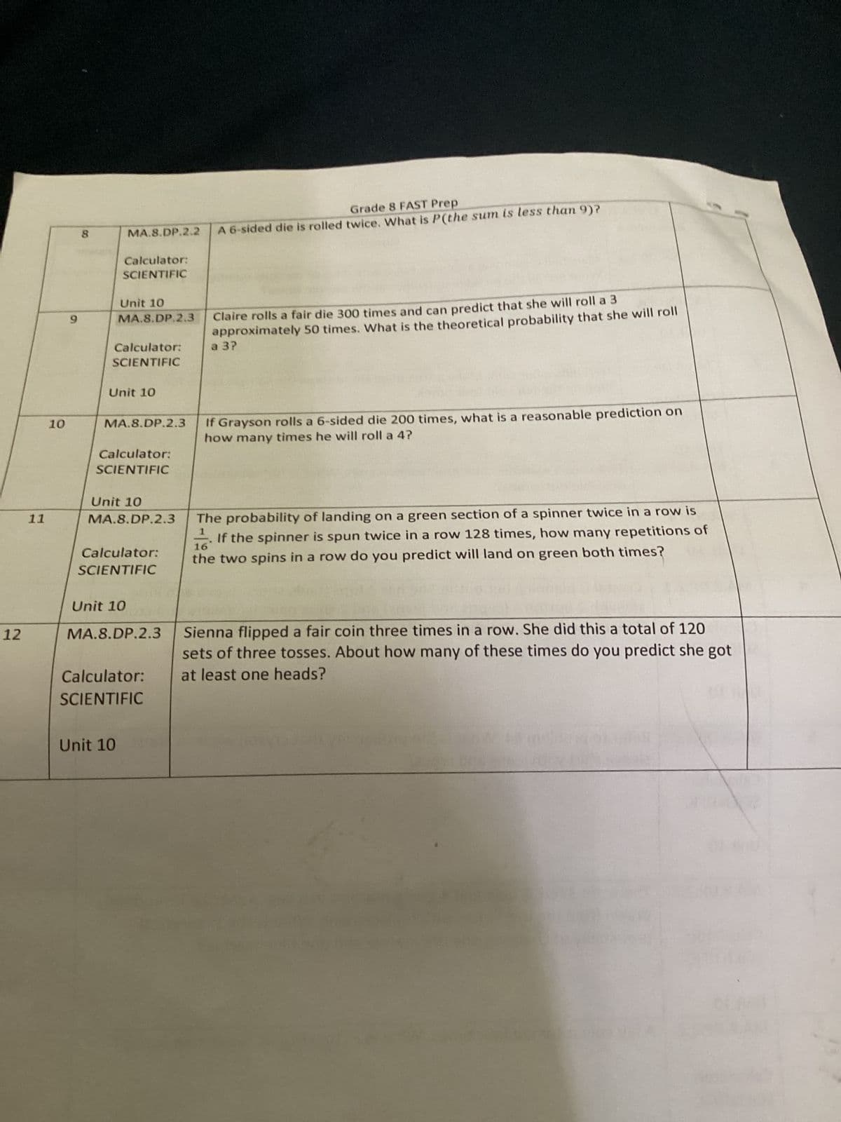 80
9
MA.8.DP.2.2
Calculator:
SCIENTIFIC
Unit 10
MA.8.DP.2.3
Calculator:
SCIENTIFIC
Grade 8 FAST Prep
A 6-sided die is rolled twice. What is P(the sum is less than 9)?
Claire rolls a fair die 300 times and can predict that she will roll a 3
approximately 50 times. What is the theoretical probability that she will roll
a 3?
Unit 10
MA.8.DP.2.3
10
Calculator:
SCIENTIFIC
If Grayson rolls a 6-sided die 200 times, what is a reasonable prediction on
how many times he will roll a 4?
11
12
Unit 10
MA.8.DP.2.3
Calculator:
SCIENTIFIC
The probability of landing on a green section of a spinner twice in a row is
If the spinner is spun twice in a row 128 times, how many repetitions of
the two spins in a row do you predict will land on green both times?
16
Unit 10
MA.8.DP.2.3
Sienna flipped a fair coin three times in a row. She did this a total of 120
sets of three tosses. About how many of these times do you predict she got
at least one heads?
Calculator:
SCIENTIFIC
Unit 10