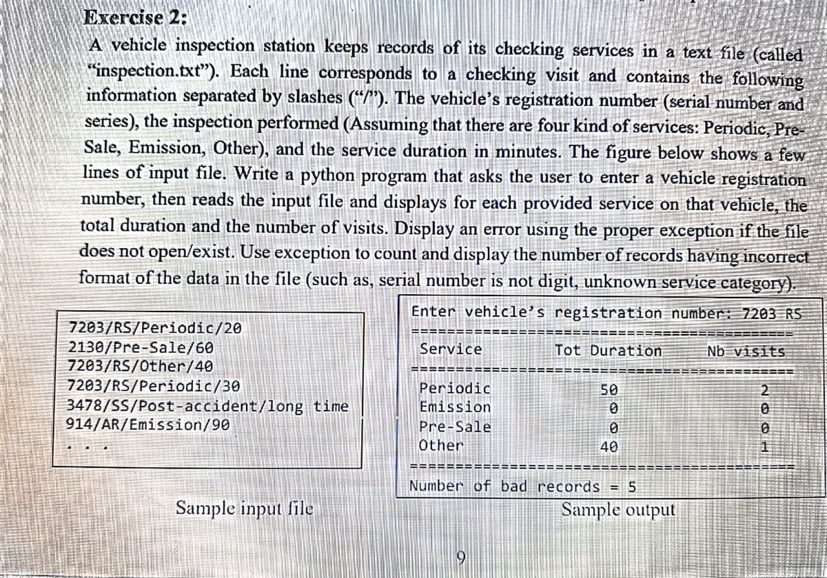 Exercise 2:
A vehicle inspection station keeps records of its checking services in a text file (called
"inspection.txt"). Each line corresponds to a checking visit and contains the following
information separated by slashes ("/"). The vehicle's registration number (serial number and
series), the inspection performed (Assuming that there are four kind of services: Periodic, Pre-
Sale, Emission, Other), and the service duration in minutes. The figure below shows a few
lines of input file. Write a python program that asks the user to enter a vehicle registration
number, then reads the input file and displays for each provided service on that vehicle, the
total duration and the number of visits. Display an error using the proper exception if the file
does not open/exist. Use exception to count and display the number of records having incorect
format of the data in the file (such as, serial number is not digit, unknown service category).
Enter vehicle's registration number: 7203 RS
7203/RS/Periodic/20
2130/Pre-Sale/60
7203/RS/Other/40
7203/RS/Periodic/30
3478/SS/Post-accident/long time
914/AR/Emission/90
Service
Tot Duration
Nb visits
益券
Periodic
Emission
Pre-Sale
Other
50
2.
40
1.
==
Number of bad records
%3D
Sample input file
Sample output
