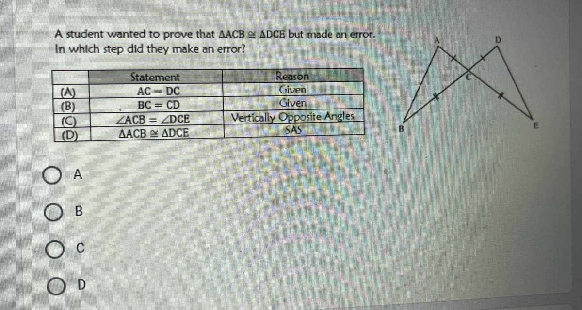 A student wanted to prove that AACB ADCE but made an error.
In which step did they make an error?
Reason
Given
Given
Statement
(A)
(B)
(C)
(D)
AC = DC
BC = CD
Vertically Opposite Angles
SAS
ZACB = ZDCE
AACB ADCE
O B
