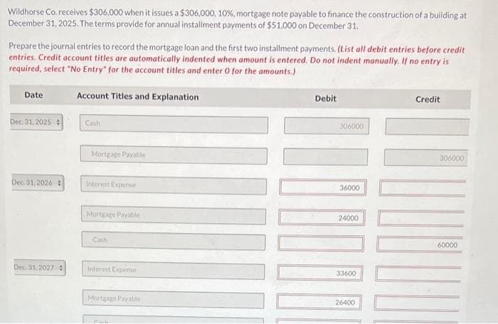 Wildhorse Co. receives $306,000 when it issues a $306,000, 10%, mortgage note payable to finance the construction of a building at
December 31, 2025. The terms provide for annual installment payments of $51,000 on December 31.
Prepare the journal entries to record the mortgage loan and the first two installment payments. (List all debit entries before credit
entries. Credit account titles are automatically indented when amount is entered. Do not indent manually. If no entry is
required, select "No Entry" for the account titles and enter 0 for the amounts.)
Account Titles and Explanation
Date
Dec 31, 2025 +
Dec. 31, 2026
Dec. 31, 2027 +
Cash
Mortgage Payable
Interest Expense
Mortgage Payable
Cash
Interest Expense
Mortgage Payable
Leuk
Debit
306000
36000
24000
33600
26400
Credit
306000
60000