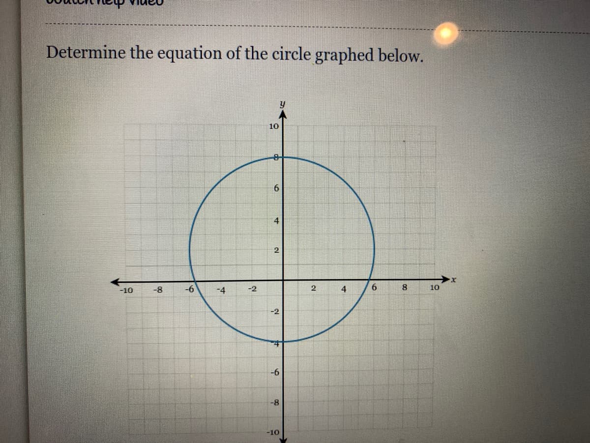 Determine the equation of the circle graphed below.
10
6.
4
2
-10
-8
-9-
-4
-2
4
6
8
10
-2
-6
-8
-10
