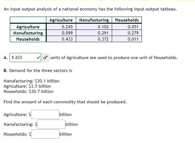 An input-output analysis of a national economy has the following input-output tableau.
Agriculture
Manufacturing
Households
Agriculture
Manufacturing
0.245
0.102
0.051
0.099
0.291
0.279
Households
0.433
0.372
0.011
A. 0.433
o units of Agriculture are used to produce one unit of Households.
B. Demand for the three sectors is
Manufacturing: $30.1 billion
Agriculture: $3.5 billion
Households: $30.7 billion
Find the amount of each commodity that should be produced.
Agriculture: S
billion
Manufacturing: $
billion
Households: $
billion
