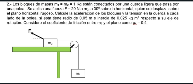 2.- Los bloques de masas m, = m2 = 1 Kg están conectados por una cuerda ligera que pasa por
una polea. Se aplica una fuerza F = 20 Na m2, a 30° sobre la horizontal, quien se desplaza sobre
el plano horizontal rugoso. Calcule la aceleración de los bloques y la tensión en la cuerda a cada
lado de la polea, si esta tiene radio de 0.05 m e inercia de 0.025 kg m? respecto a su eje de
rotación. Considere el coeficiente de fricción entre m2 y el plano como u = 0.4
m2
