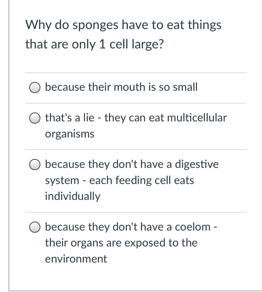 Why do sponges have to eat things
that are only 1 cell large?
O because their mouth is so small
that's a lie - they can eat multicellular
organisms
O because they don't have a digestive
system - each feeding cell eats
individually
because they don't have a coelom -
their organs are exposed to the
environment

