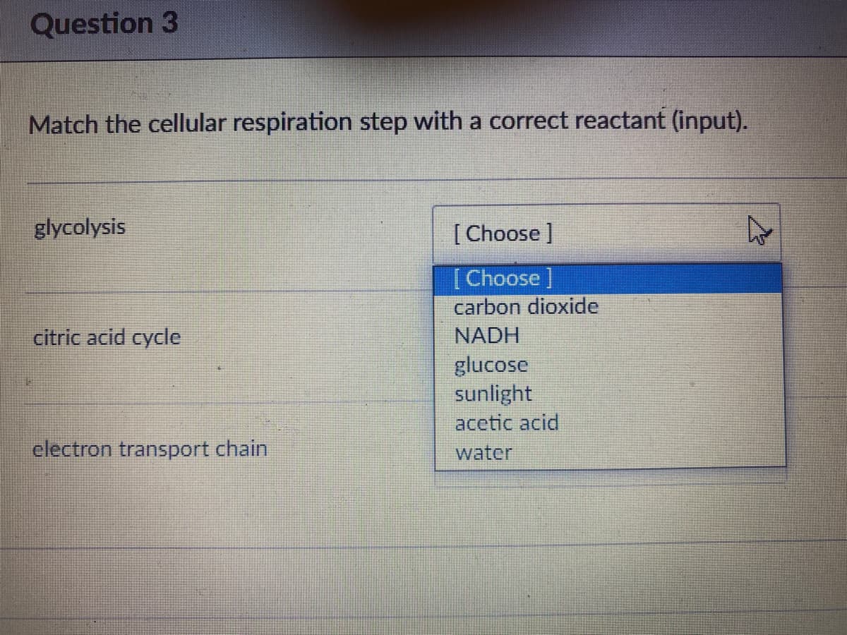 Question 3
Match the cellular respiration step with a correct reactant (input).
glycolysis
[Choose ]
[Choose ]
carbon dioxide
NADH
glucose
sunlight
acetic acid
water
citric acid cycle
clectron transport chain.
