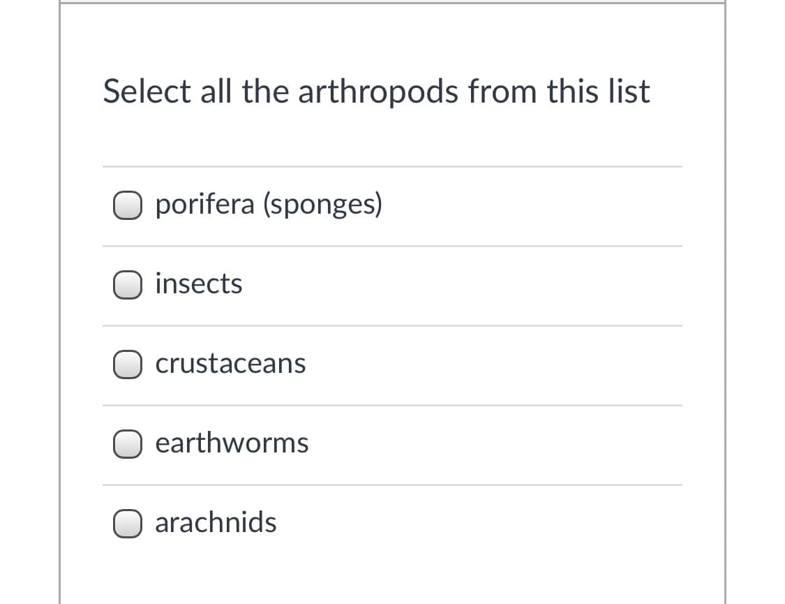 Select all the arthropods from this list
O porifera (sponges)
insects
crustaceans
earthworms
O arachnids

