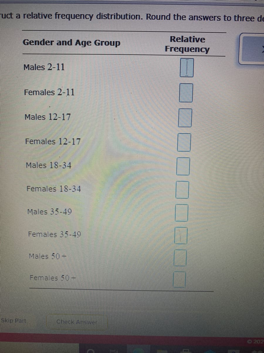 ruct a relative frequency distribution. Round the answers to three de
Gender and Age Group
Relative
Frequency
Males 2-11
Females 2-11
Males 12-17
Females 12-17
Males 18-34
Females 1S-34
Males 35-49
Females 35-49
Males 50+
Females 50+
Skip Part
Check Answer
O 202
