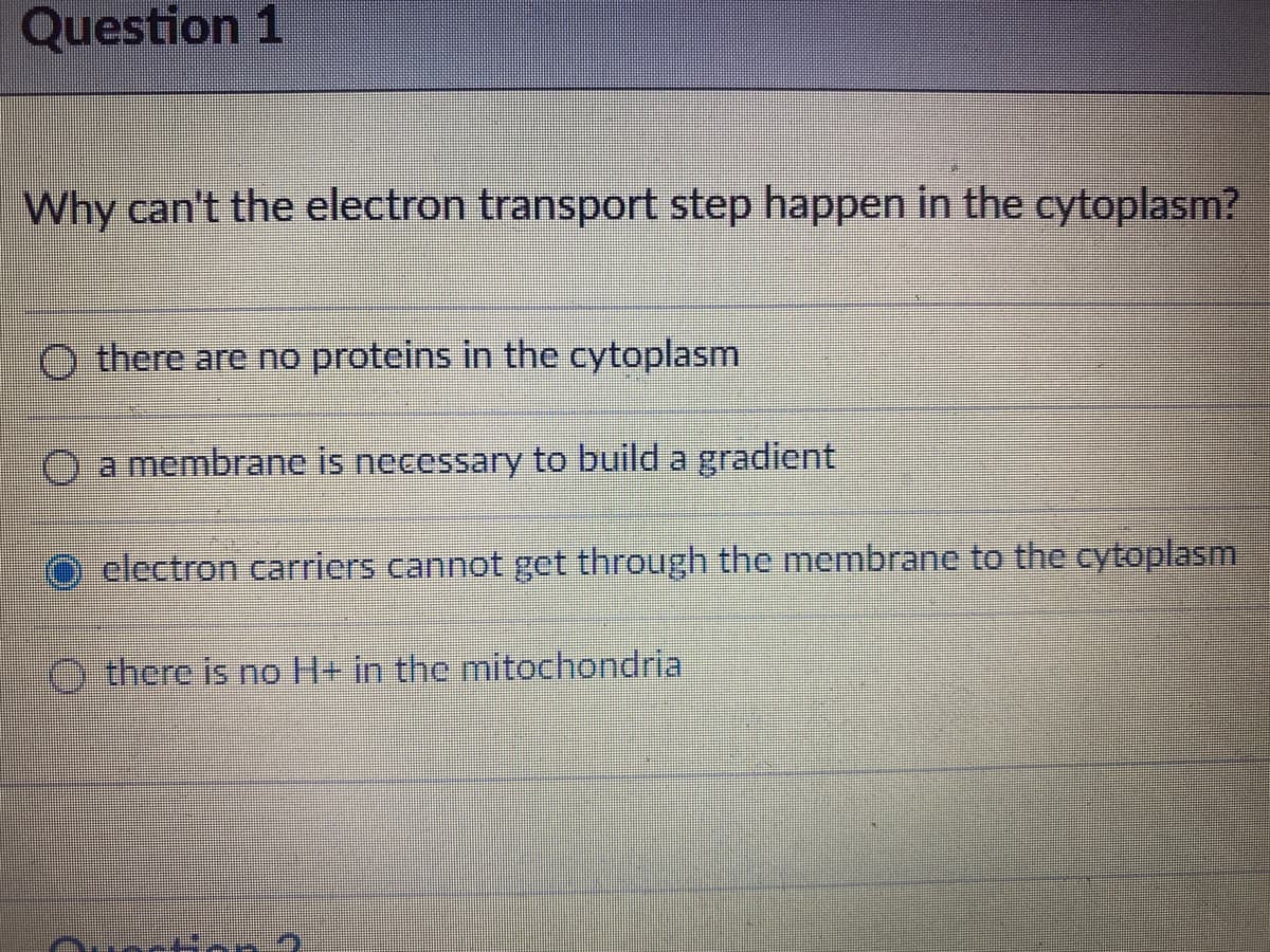 Question 1
Why can't the electron transport step happen in the cytoplasm?
O there are no proteins in the cytoplasm
O a membrane is necessary to build a gradient
electron carriers cannot get through the membrane to the cytoplasm
O there is no H+ in the mitochondria
