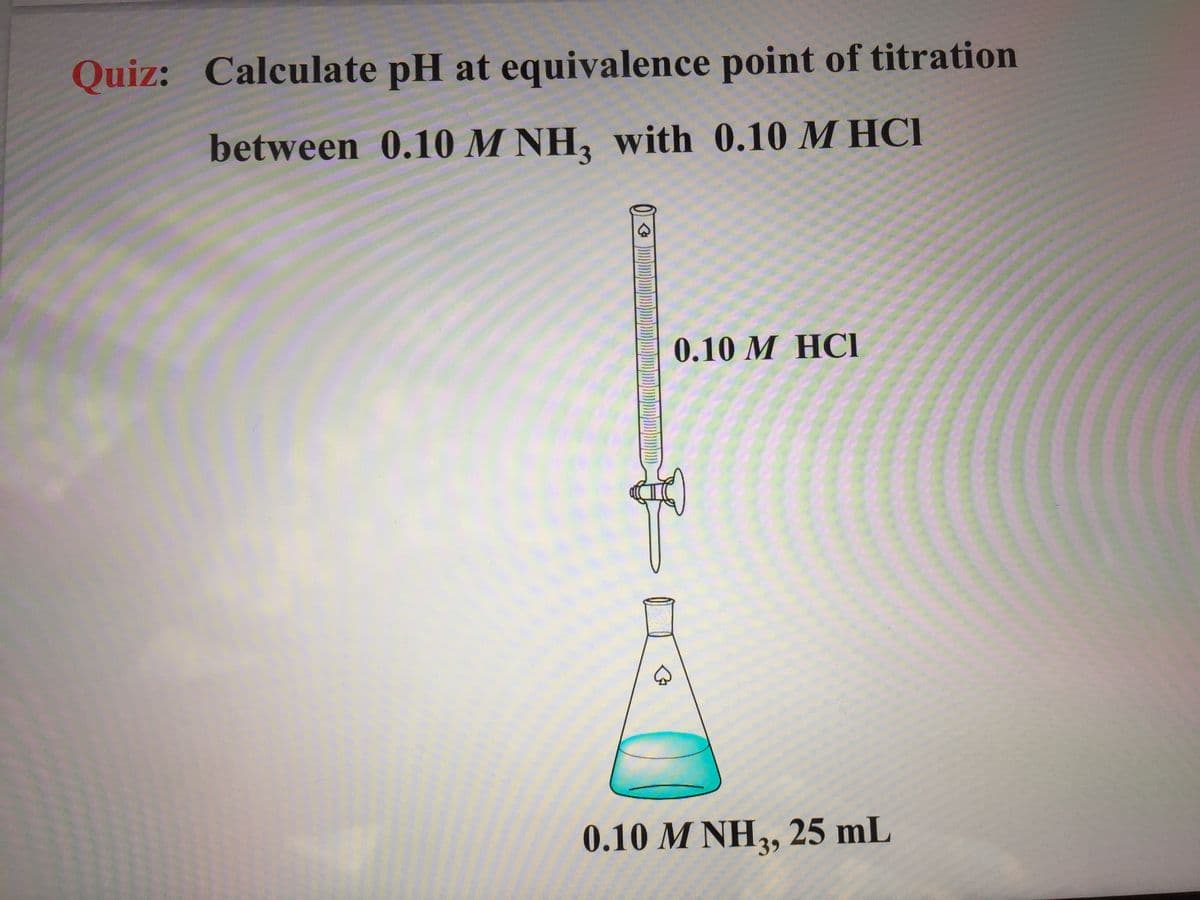 Quiz: Calculate pH at equivalence point of titration
between 0.10 M NH, with 0.10 M HCI
0.10 M HCI
0.10 M NH2, 25 mL
39
