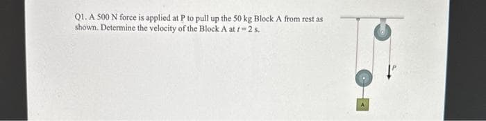 Q1. A 500 N force is applied at P to pull up the 50 kg Block A from rest as
shown. Determine the velocity of the Block A atr=2 s.