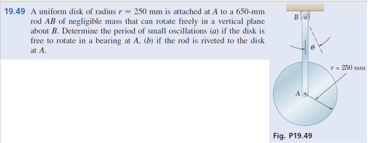 19.49 A uniform disk of radius r = 250 mm is attached at A to a 650-mm
rod AB of negligible mass that can rotate freely in a vertical plane
about B. Determine the period of small oscillations (a) if the disk is
free to rotate in a bearing at A, (b) if the rod is riveted to the disk
at A.
B
Fig. P19.49
r =
250 mm