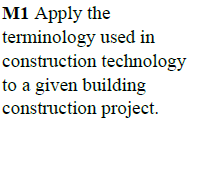 M1 Apply the
terminology used in
construction technology
to a given building
construction project.
