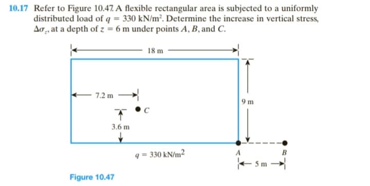 10.17 Refer to Figure 10.47. A flexible rectangular area is subjected to a uniformly
distributed load of q = 330 kN/m². Determine the increase in vertical stress,
Ao, at a depth of z = 6 m under points A, B, and C.
7.2 m
3.6 m
↓
Figure 10.47
18 m
q = 330 kN/m²
9 m
A
5 m
B