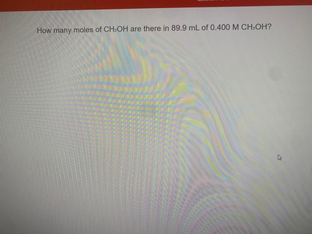 How many moles of CH3OH are there in 89.9 mL of 0.400 M CH3OH?
