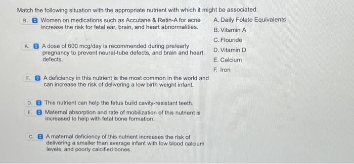 Match the following situation with the appropriate nutrient with which it might be associated.
B.
Women on medications such as Accutane & Retin-A for acne
increase the risk for fetal ear, brain, and heart abnormalities.
A. A dose of 600 mcg/day is recommended during pre/early
pregnancy to prevent neural-tube defects, and brain and heart
defects.
F. BA deficiency in this nutrient is the most common in the world and
can increase the risk of delivering a low birth weight infant.
D.
This nutrient can help the fetus build cavity-resistant teeth.
E. 8 Maternal absorption and rate of mobilization of this nutrient is
increased to help with fetal bone formation.
C.
A maternal deficiency of this nutrient increases the risk of
delivering a smaller than average infant with low blood calcium
levels, and poorly calcified bones.
A. Daily Folate Equivalents
B. Vitamin A
C. Flouride
D. Vitamin D
E. Calcium
F. Iron