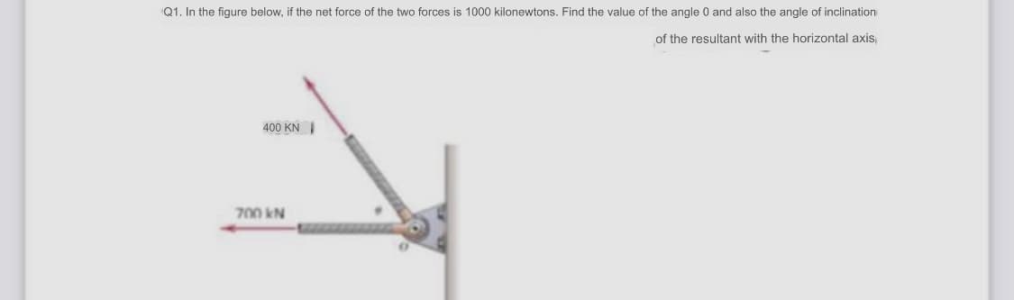 Q1. In the figure below, if the net force of the two forces is 1000 kilonewtons. Find the value of the angle 0 and also the angle of inclination
of the resultant with the horizontal axis,
400 KN |
700 kN
