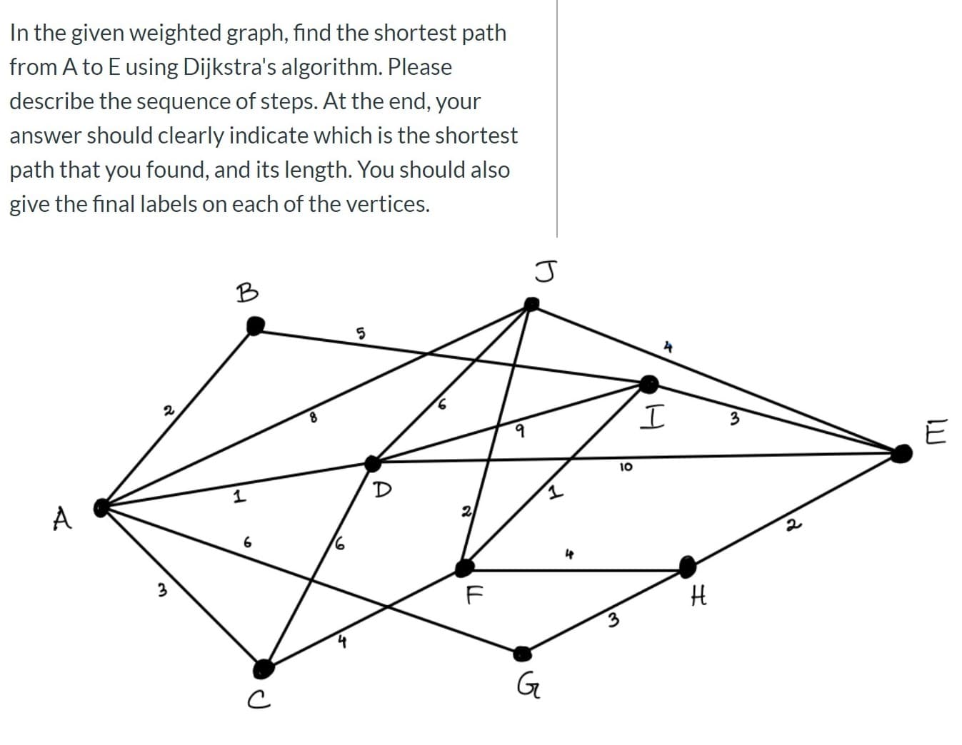In the given weighted graph, find the shortest path
from A to E using Dijkstra's algorithm. Please
describe the sequence of steps. At the end, your
answer should clearly indicate which is the shortest
path that you found, and its length. You should also
give the final labels on each of the vertices.
B
9.
E
10
D
A
2
3
F
3
G
