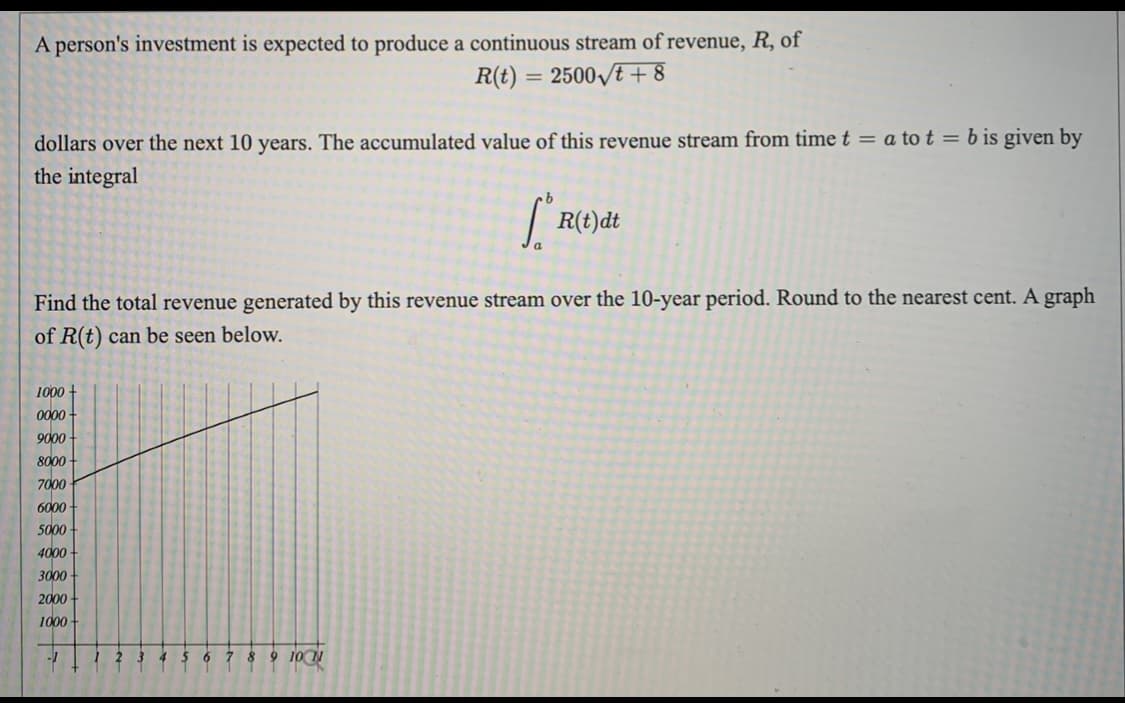 A person's investment is expected to produce a continuous stream of revenue, R, of
R(t) = 2500/t + 8
dollars over the next 10 years. The accumulated value of this revenue stream from time t = a to t = b is given by
the integral
| R(t)dt
Find the total revenue generated by this revenue stream over the 10-year period. Round to the nearest cent. A graph
of R(t) can be seen below.
1000 +
0000
9000
8000
7000
6000
5000
4000
3000
2000
1000
-
6 7 89 10
