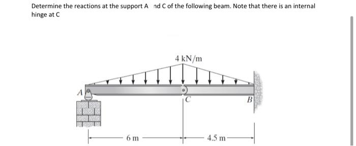Determine the reactions at the support And C of the following beam. Note that there is an internal
hinge at C
6 m
4 kN/m
4.5 m
B