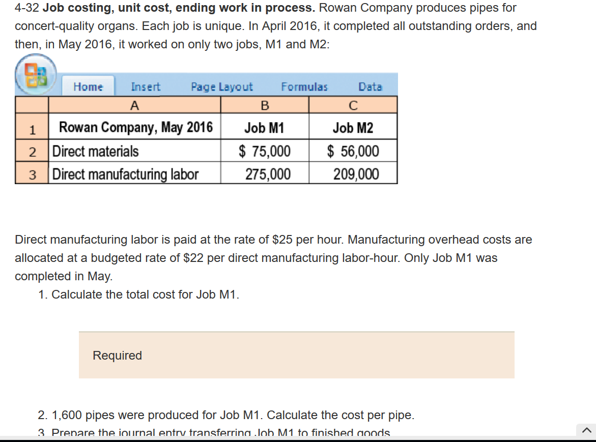 4-32 Job costing, unit cost, ending work in process. Rowan Company produces pipes for
concert-quality organs. Each job is unique. In April 2016, it completed all outstanding orders, and
then, in May 2016, it worked on only two jobs, M1 and M2:
Insert
Home
Page Layout
Formulas
Data
Rowan Company, May 2016
Job M1
Job M2
$ 75,000
275,000
$ 56,000
209,000
2 Direct materials
3 Direct manufacturing labor
Direct manufacturing labor is paid at the rate of $25 per hour. Manufacturing overhead costs are
allocated at a budgeted rate of $22 per direct manufacturing labor-hour. Only Job M1 was
completed in May.
1. Calculate the total cost for Job M1.
Required
2. 1,600 pipes were produced for Job M1. Calculate the cost per pipe.
3. Prepare the iournal entry transferring Job M1 to finished aoods.
