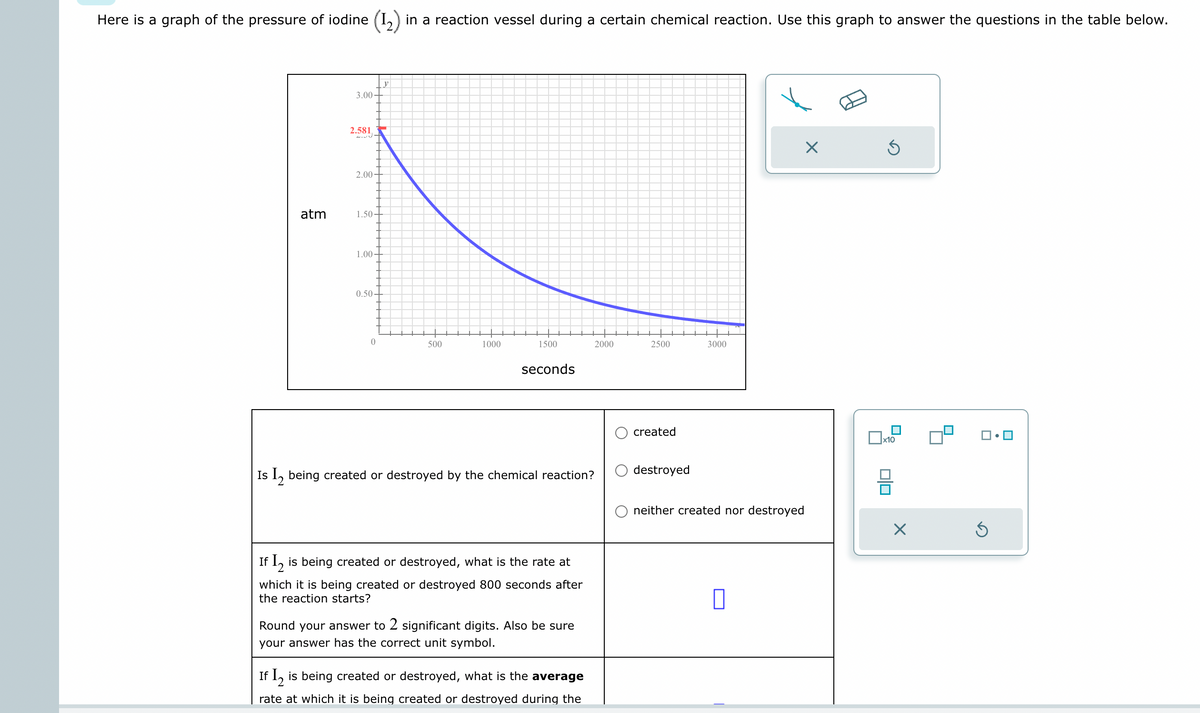 Here is a graph of the pressure of iodine (12) in a reaction vessel during a certain chemical reaction. Use this graph to answer the questions in the table below.
atm
3.00
2.581,
2.00-
1.50-
1.00-
0.50
0
500
1000
1500
seconds
Is I₂ being created or destroyed by the chemical reaction?
If I is being created or destroyed, what is the rate at
which it is being created or destroyed 800 seconds after
the reaction starts?
Round your answer to 2 significant digits. Also be sure
your answer has the correct unit symbol.
2000
If I2 is being created or destroyed, what is the average
rate at which it is being created or destroyed during the
2500
created
destroyed
3000
neither created nor destroyed
0
X
Ś
x10
010
X