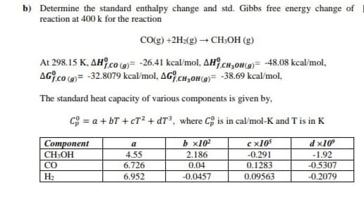 b) Determine the standard enthalpy change and std. Gibbs free energy change of
reaction at 400 k for the reaction
Co(g) +2H2(g) → CH;OH (g)
At 298.15 K, AH?.co )= -26.41 kcal/mol, AH?.CH,OH()= -48.08 kcal/mol,
AG.co )= -32.8079 kcal/mol, AG.CH,OH(@)= -38.69 kcal/mol,
The standard heat capacity of various components is given by.
CS = a + bT + cT2 + dT³, where C is in cal/mol-K and T is in K
|Component
b x10
e x105
d x10°
a
-0.291
CH3OH
CO
4.55
2.186
-1.92
6.726
0.04
0.1283
-0.5307
H2
6.952
-0.0457
0.09563
-0.2079
