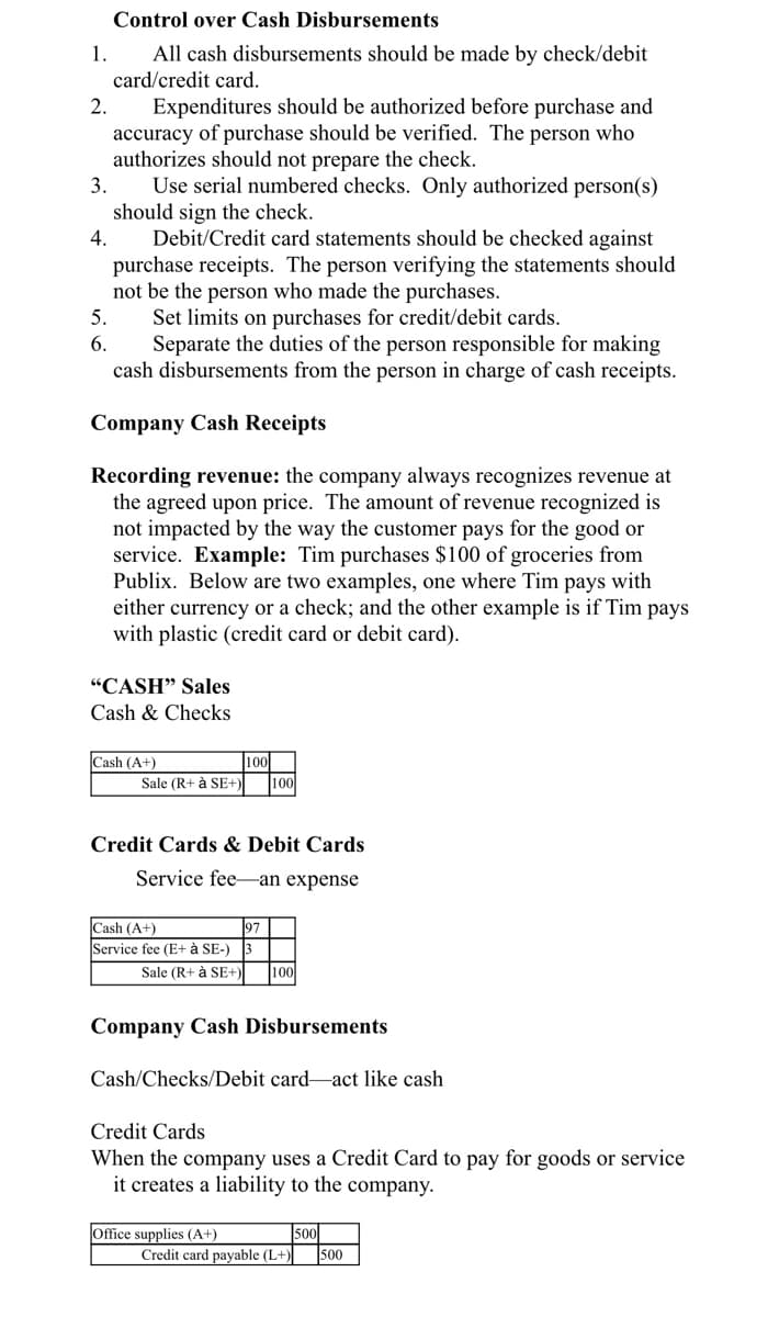 Control over Cash Disbursements
All cash disbursements should be made by check/debit
card/credit card.
1.
2.
Expenditures should be authorized before purchase and
accuracy of purchase should be verified. The person who
authorizes should not prepare the check.
Use serial numbered checks. Only authorized person(s)
should sign the check.
Debit/Credit card statements should be checked against
3.
4.
purchase receipts. The person verifying the statements should
not be the person who made the purchases.
Set limits on purchases for credit/debit cards.
Separate the duties of the person responsible for making
cash disbursements from the person in charge of cash receipts.
5.
6.
Company Cash Receipts
Recording revenue: the company always recognizes revenue at
the agreed upon price. The amount of revenue recognized is
not impacted by the way the customer pays for the good or
service. Example: Tim purchases $100 of groceries from
Publix. Below are two examples, one where Tim pays with
either currency or a check; and the other example is if Tim pays
with plastic (credit card or debit card).
"CASH" Sales
Cash & Checks
Cash (A+)
100
Sale (R+ à SE+)
100
Credit Cards & Debit Cards
Service fee-an expense
97
Cash (A+)
Service fee (E+ à SE-)
Sale (R+ à SE+)
100
Company Cash Disbursements
Cash/Checks/Debit card-act like cash
Credit Cards
When the company uses a Credit Card to pay for goods or service
it creates a liability to the company.
Office supplies (A+)
500
Credit card payable (L+)|
500

