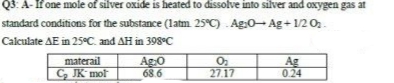 Q3. A-If one mole of silver oxide is heated to dissolve into silver and oxygen gas at
standard conditions for the substance (1latm 25°C) . Ag:0- Ag+1/20.
Calculate AE in 25°C. and AH in 398°C
materail
Ag:0
68.6
Ag
0.24
C, JK mot
27.17
