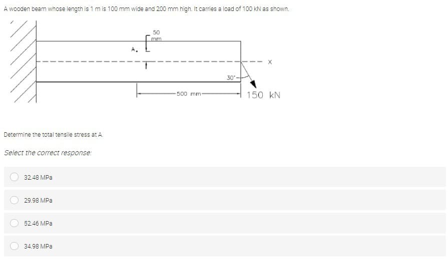 A wooden beam whose length is 1 m is 100 mm wide and 200 mm high. It carries a load of 100 kN as shown.
Determine the total tensile stress at A.
Select the correct response:
32.48 MPa
29.98 MPa
52.46 MPa
34.98 MPa
50
500 mm-
30°
150 KN