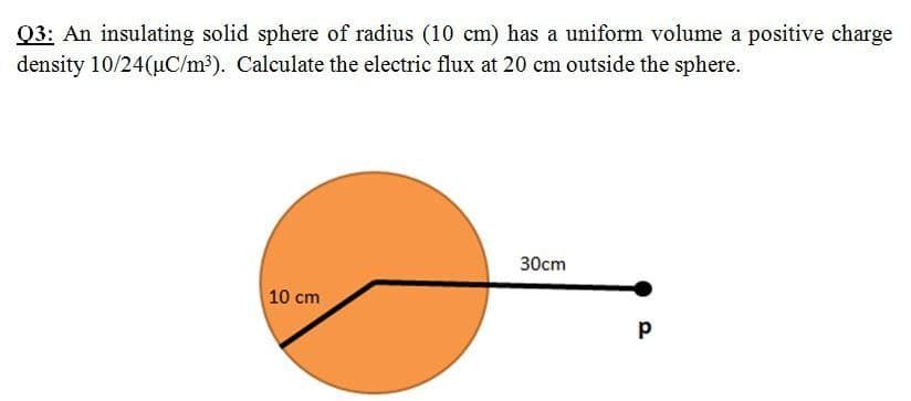 Q3: An insulating solid sphere of radius (10 cm) has a uniform volume a positive charge
density 10/24(uC/m³). Calculate the electric flux at 20 cm outside the sphere.
30cm
10 cm
p
