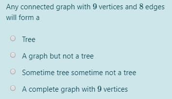 Any connected graph with 9 vertices and 8 edges
will form a
O Tree
O A graph but not a tree
O Sometime tree sometime not a tree
O A complete graph with 9 vertices
