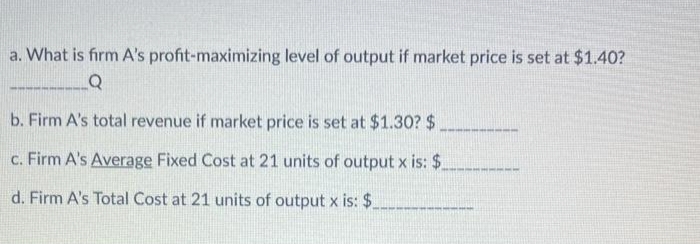 a. What is firm A's profit-maximizing level of output if market price is set at $1.40?
_Q
b. Firm A's total revenue if market price is set at $1.30? $.
c. Firm A's Average Fixed Cost at 21 units of output x is: $
d. Firm A's Total Cost at 21 units of output x is: $