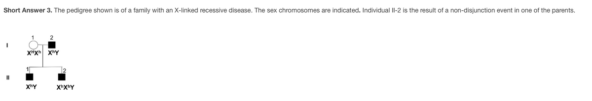 Short Answer 3. The pedigree shown is of a family with an X-linked recessive disease. The sex chromosomes are indicated. Individual II-2 is the result of a non-disjunction event in one of the parents.
1
2
XHXH xhy
11
2
II
XhY

