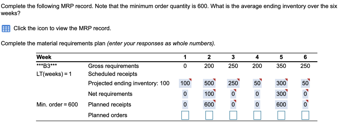 Complete the following MRP record. Note that the minimum order quantity is 600. What is the average ending inventory over the six
weeks?
Click the icon to view the MRP record.
Complete the material requirements plan (enter your responses as whole numbers).
Week
1
2
3
4
6
***B3***
Gross requirements
Scheduled receipts
200
250
200
350
250
LT(weeks) = 1
Projected ending inventory: 100
100
500
250
50
300
50
Net requirements
100
300
Min. order = 600
Planned receipts
600
600
Planned orders
