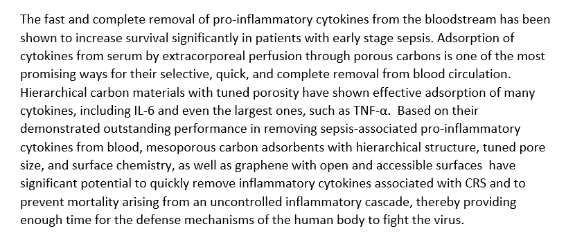 The fast and complete removal of pro-inflammatory cytokines from the bloodstream has been
shown to increase survival significantly in patients with early stage sepsis. Adsorption of
cytokines from serum by extracorporeal perfusion through porous carbons is one of the most
promising ways for their selective, quick, and complete removal from blood circulation.
Hierarchical carbon materials with tuned porosity have shown effective adsorption of many
cytokines, including IL-6 and even the largest ones, such as TNF-a. Based on their
demonstrated outstanding performance in removing sepsis-associated pro-inflammatory
cytokines from blood, mesoporous carbon adsorbents with hierarchical structure, tuned pore
size, and surface chemistry, as well as graphene with open and accessible surfaces have
significant potential to quickly remove inflammatory cytokines associated with CRS and to
prevent mortality arising from an uncontrolled inflammatory cascade, thereby providing
enough time for the defense mechanisms of the human body to fight the virus.