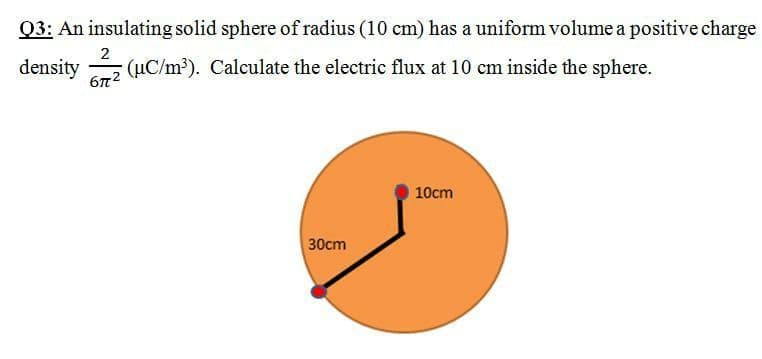Q3: An insulating solid sphere of radius (10 cm) has a uniform volume a positive charge
2
density
(µC/m?). Calculate the electric flux at 10 cm inside the sphere.
6n2
10cm
30cm
