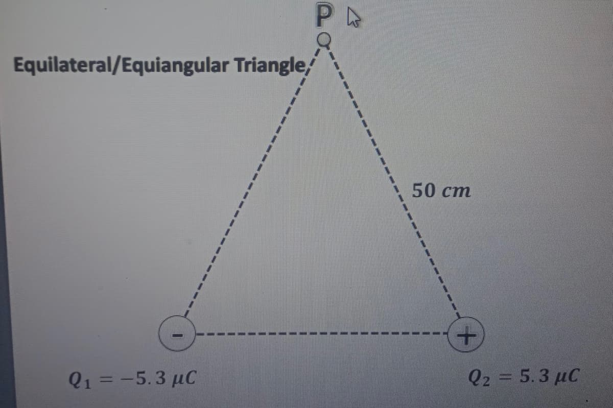 Equilateral/Equiangular Triangle,
50 cm
Q1 = -5.3 µC
Q2 = 5.3 µC
