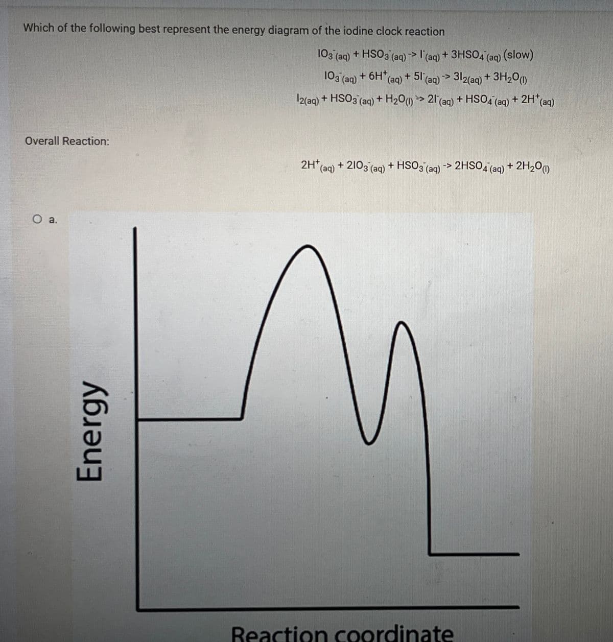 Which of the following best represent the energy diagram of the iodine clock reaction
+ HSO3 (aq) > l(aq) + 3HSO4 (aq) (slow)
+ 5l (aq) > 312(aq) + 3H20)
+ 2H*(aq)
103 (aq)
+ 6H (aq)
103 (ag) + 6H*
+ HSO4 (aq)
I2(aq) + HSO3 (aq) + H200> 21(aq)
Overall Reaction:
2H* (aq) + 2103 (aq) + HSO3 (ag) -> 2HS0, (aq) + 2H200)
О а.
Reaction coordinate
Energy
