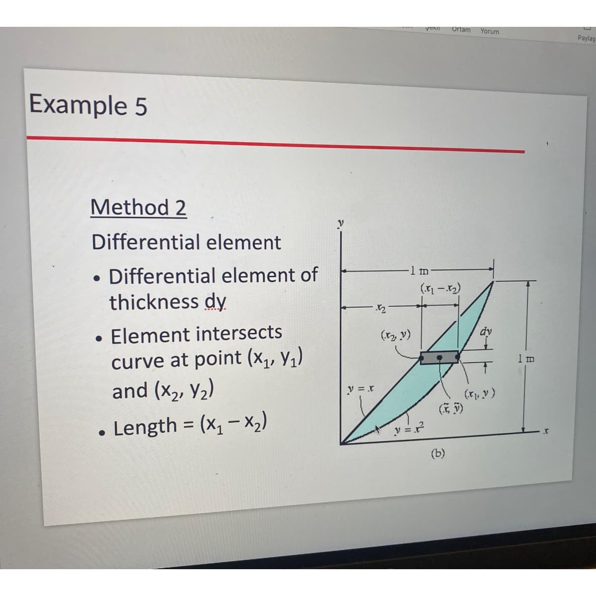 Example 5
Method 2
Differential element
• Differential element of
●
thickness dy
●
●
Element intersects
curve at point (x₁, y₁)
and (x₂, Y₂)
Length = (x₁ - x₂)
V=X
5
Pekil Ortam Yorum
1 m
(x₂, v)
(.₂ -.1₂)
(b)
24
(.x, y)
1 m
Paylaş