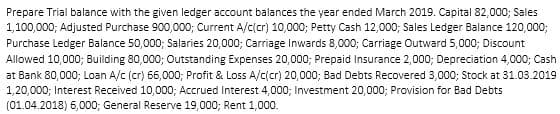 Prepare Trial balance with the given ledger account balances the year ended March 2019. Capital 82,000; Sales
1,100,000; Adjusted Purchase 900,000; Current A/c(cr) 10,000; Petty Cash 12,000; Sales Ledger Balance 120,000;
Purchase Ledger Balance 50,000; Salaries 20,000; Carriage Inwards 8,000; Carriage Outward 5,000; Discount
Allowed 10,000; Building 80,000; Outstanding Expenses 20,000; Prepaid Insurance 2,000; Depreciation 4,000; Cash
at Bank 80,000; Loan A/c (cr) 66,000; Profit & Loss A/c(cr) 20,000; Bad Debts Recovered 3,000; Stock at 31.03.2019
1,20,000; Interest Received 10,000; Accrued Interest 4,000; Investment 20,000; Provision for Bad Debts
(01.04.2018) 6,000; General Reserve 19,000; Rent 1,000.