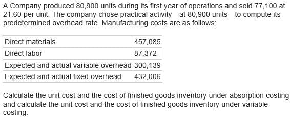 A Company produced 80,900 units during its first year of operations and sold 77,100 at
21.60 per unit. The company chose practical activity-at 80,900 units to compute its
predetermined overhead rate. Manufacturing costs are as follows:
Direct materials
Direct labor
Expected and actual variable overhead
Expected and actual fixed overhead
457,085
87,372
300,139
432,006
Calculate the unit cost and the cost of finished goods inventory under absorption costing
and calculate the unit cost and the cost of finished goods inventory under variable
costing.