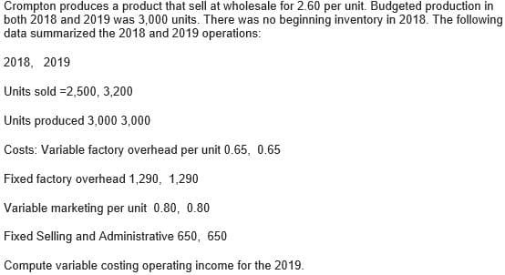 Crompton produces a product that sell at wholesale for 2.60 per unit. Budgeted production in
both 2018 and 2019 was 3,000 units. There was no beginning inventory in 2018. The following
data summarized the 2018 and 2019 operations:
2018, 2019
Units sold =2,500, 3,200
Units produced 3,000 3,000
Costs: Variable factory overhead per unit 0.65, 0.65
Fixed factory overhead 1,290, 1,290
Variable marketing per unit 0.80, 0.80
Fixed Selling and Administrative 650, 650
Compute variable costing operating income for the 2019.