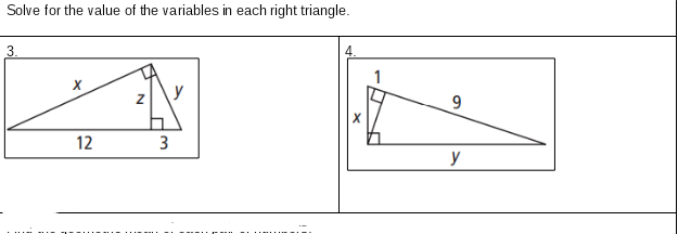Solve for the value of the variables in each right triangle.
3.
y
9
12
3
y
