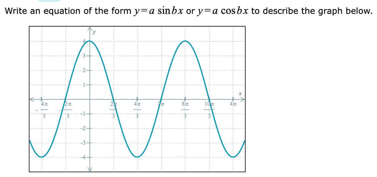 Write an equation of the form y=a sinbx or y=a cosbx to describe the graph below.
M
2 T
w... #+
w...9+
10π