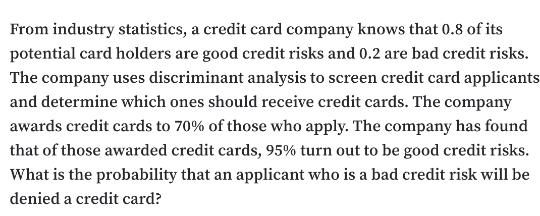 From industry statistics, a credit card company knows that 0.8 of its
potential card holders are good credit risks and 0.2 are bad credit risks.
The company uses discriminant analysis to screen credit card applicants
and determine which ones should receive credit cards. The company
awards credit cards to 70% of those who apply. The company has found
that of those awarded credit cards, 95% turn out to be good credit risks.
What is the probability that an applicant who is a bad credit risk will be
denied a credit card?
