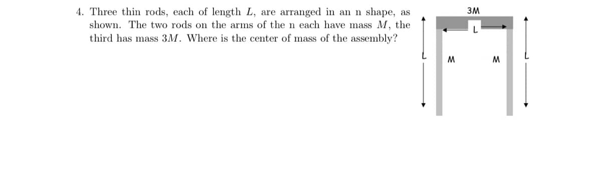 3M
4. Three thin rods, each of length L, are arranged in an n shape, as
shown. The two rods on the arms of the n each have mass M, the
third has mass 3M. Where is the center of mass of the assembly?
M

