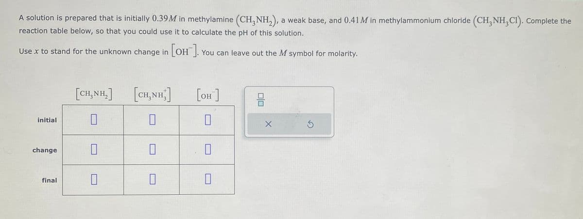 A solution is prepared that is initially 0.39M in methylamine (CH3NH₂), a weak base, and 0.41 M in methylammonium chloride (CH₂NH3C1). Complete the
reaction table below, so that you could use it to calculate the pH of this solution.
Use x to stand for the unknown change in [OH]. You can leave out the M symbol for molarity.
initial
change
final
[CHÍNH,] [CHÍNH,
0
0
0
0
0
[OH-]
0
X
Ś