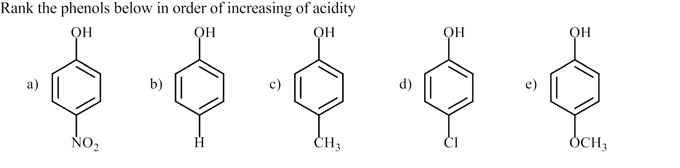 Rank the phenols below in order of increasing of acidity
ОН
ОН
ОН
OH
ОН
а)
b)
c)
d)
e)
NO2
CH3
ČI
ÓCH3
