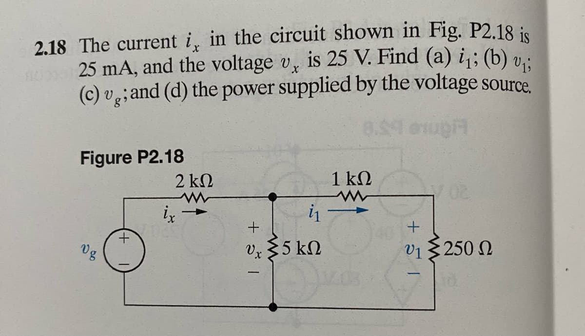 2.18 The current i, in the circuit shown in Fig. P2.18 is
25 mA, and the voltage v, is 25 V. Find (a) i₁; (b) v₁;
(c) v; and (d) the power supplied by the voltage source.
8.54 expl
Figure P2.18
2 ΚΩ
ix
i₁
υ, §5 kΩ
+51
1 kQ
- 02
+
υ ξ250 Ω